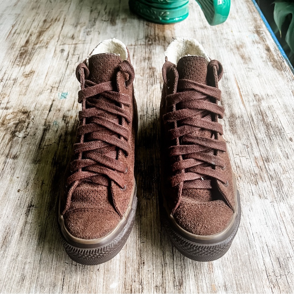 Chocolate Brown Leather Converse High Top Shearling Sherpa Lining 7
